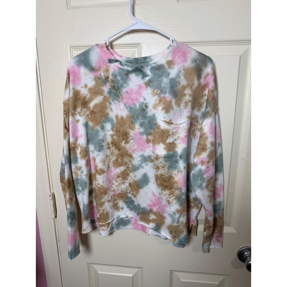True Craft Originals Welcome Tie Dye Sweatshirt Pink Green Tan Cozy Cabin M NWT‎